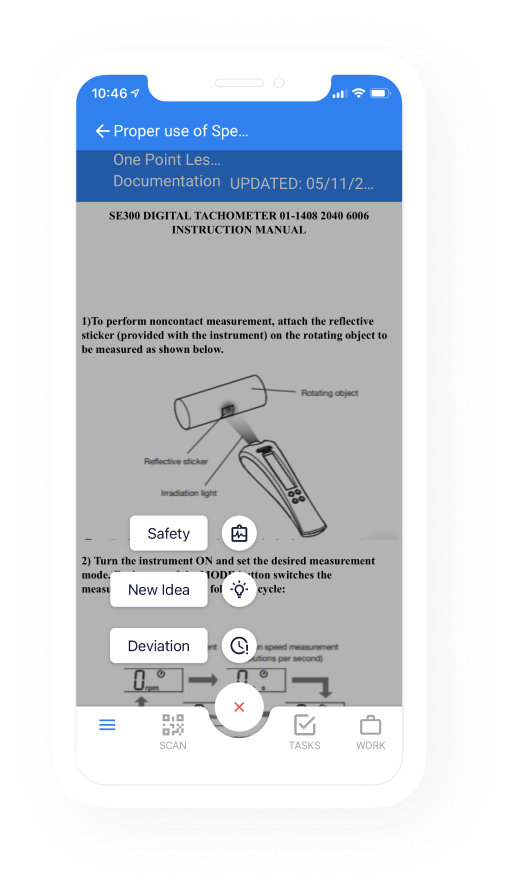 Mobile device screenshot of Safety, New idea and Deviation buttons offered by a digital MOS like 4Industry, helping you improve your Continuous Improvement efforts.