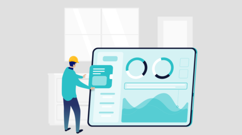 Illustration of worker standing by Manufacturing dashboard on PC monitor