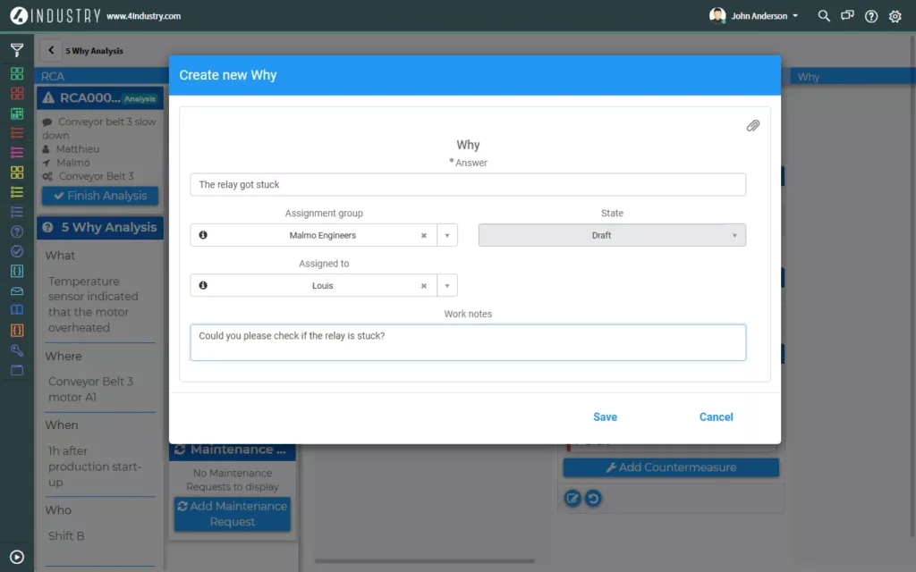 5Why Analysis window in Root Cause Analysis tool in 4Industry